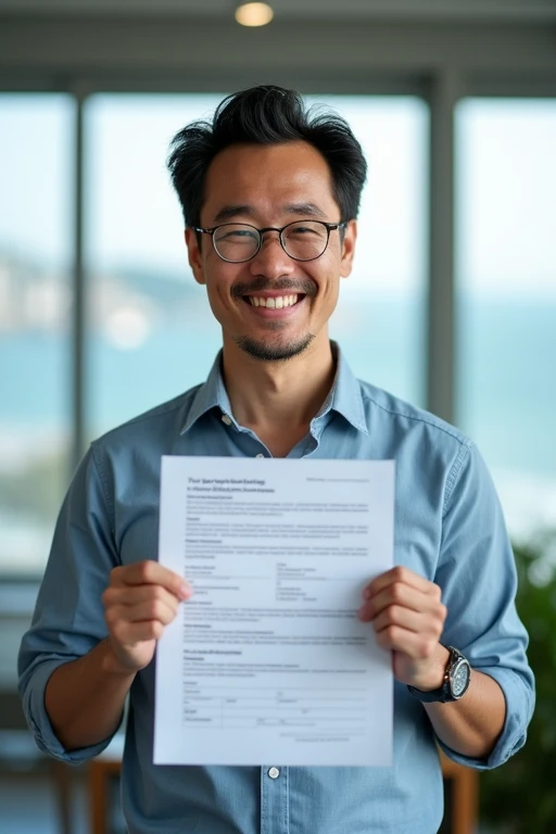 Profile photo of a 40-year-old Japanese man looking into the camera. Uncle smiled brightly, holding a job application form towards the camera as if inviting attendees. Behind him is the office scene with a window view overlooking the park next to the sea..