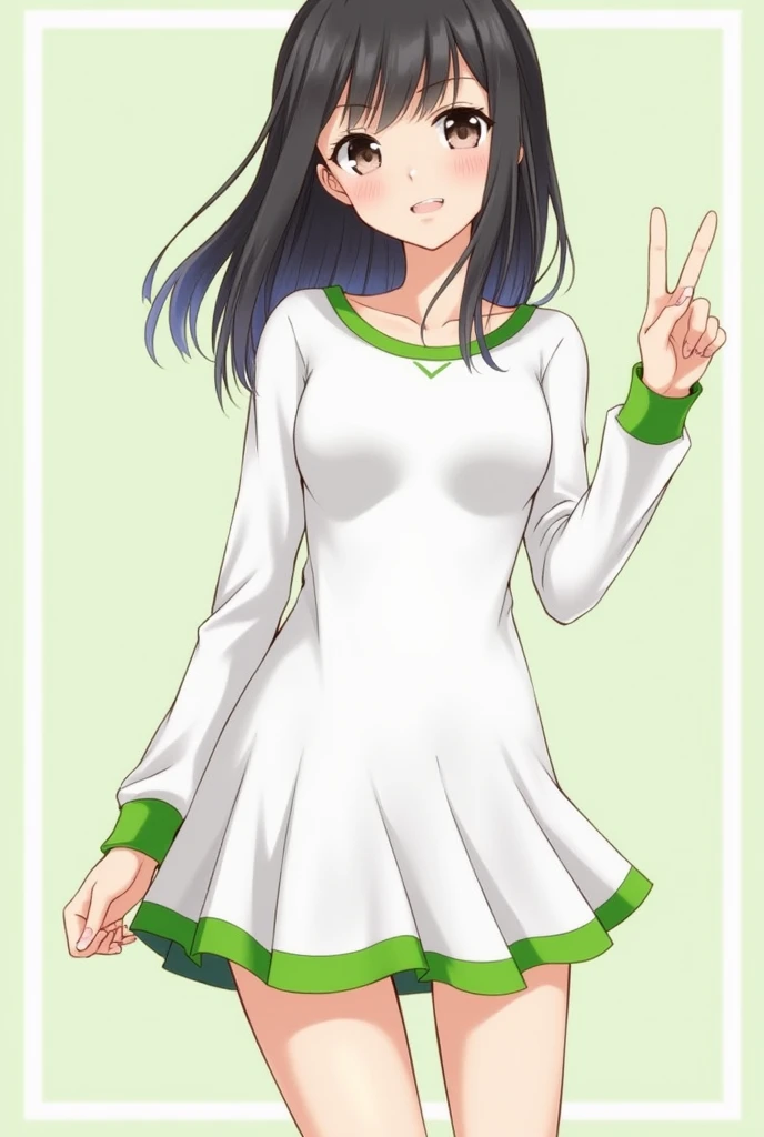 A white mini dress with green linings for teenage girls
*skirt-like bottom
*longsleeves top
