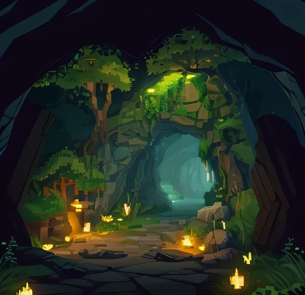 Only the entrance to the cave is dark.,Mysterious, Daytime,Lots of rocks in the background，moss,wood，pixelart style