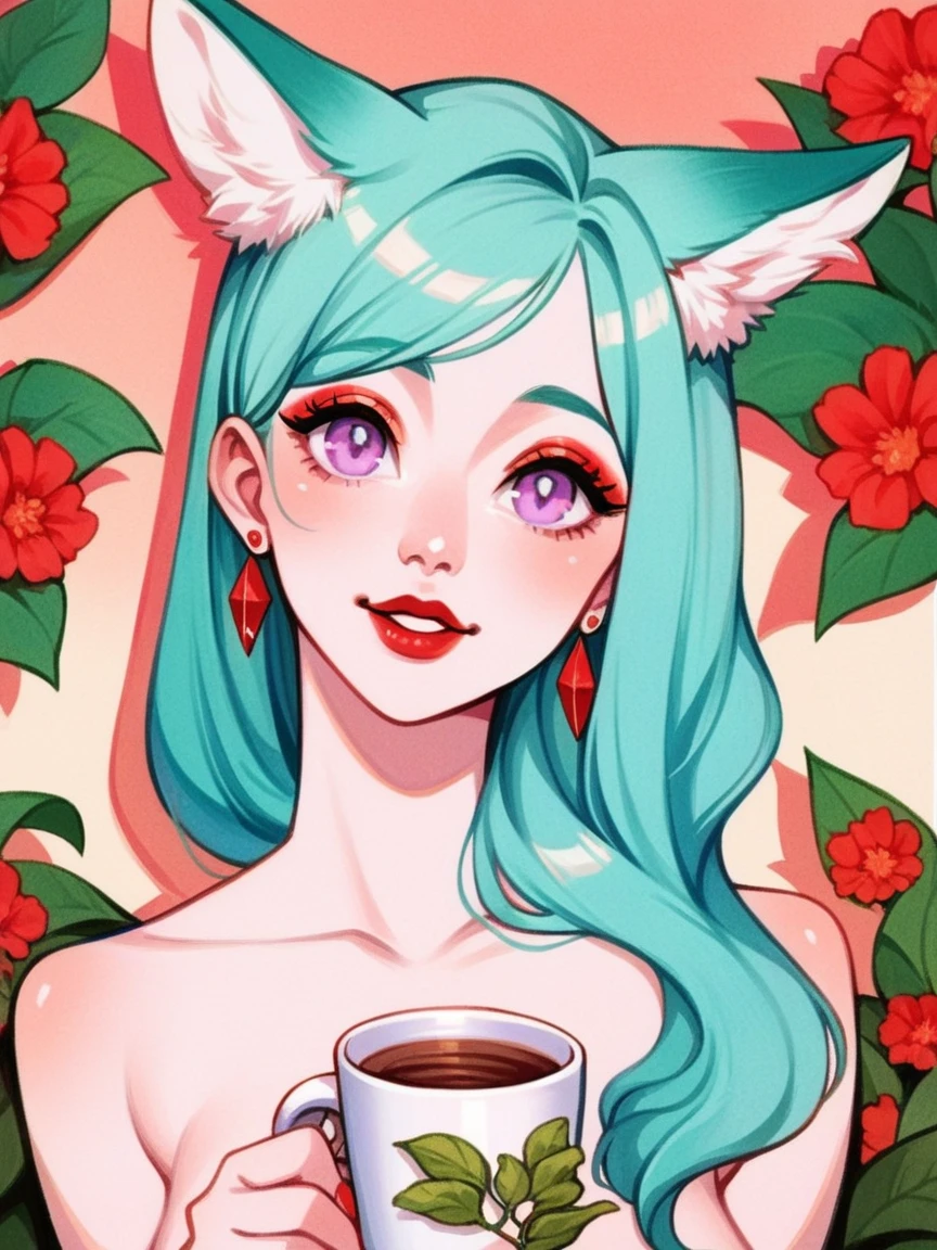 score_9, score_8_up, score_7_up, score_6_up, p4n3ls, 1girl, coffee, flowers, long hair, panels, White skin, (Fox ears), looking at viewer, doe eyes, Exquisite eyes,Red Eyeshadow, Red lips,cute laugh, Ukiyo-e, masterpiece, high quality, at the lowest limit, Tiny,White boots,Huge breasts,Bare shoulders, Hair color (light lilac)short, lavender eye color, a small cross earring in the left ear, tokyo revengers the nickname twin dragon, aesthetic panels
