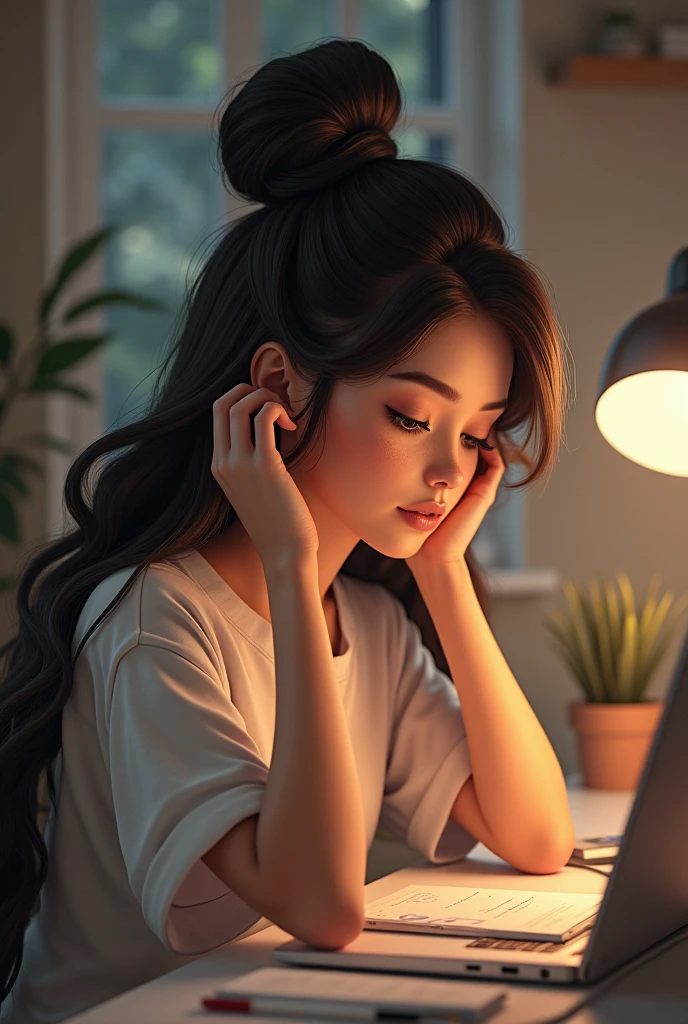 Girl open hair, making bun, work station