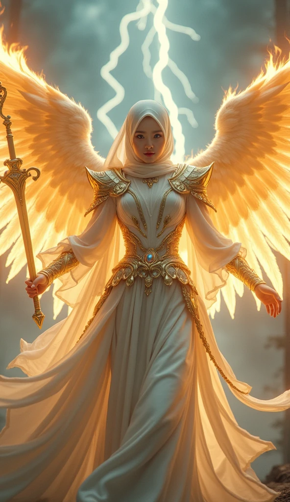 (1 Japan cutes with idol style), ((Top Quality, masterpiece: 1.3)), focusing: 1.2, Perfect body care: 1.4 , (Wearing Hijab:1.2), ((Highly detailed face and skin texture)), Extremely realistic, Ultra detailed, HD, Portrait, 8K, Dressed in white and gold with spread wide big wings, (holding single flaming gold iron swords:1.2), (wearing hijab:1.5), (full iron golden armor:1.5), ornate cosplay, as a mystical valkyrie, the sailor galaxia, beautiful, white and gold priestess robes, anime cosplay, glamourous cosplay, with fiery golden wings, ((full iron trousers armor)), cosplay, professional cosplay, goddess of light, full body angel, cosplayer, perfect makeup, perfect face, beautiful face, beautiful body, arms covered with cloth, thighs covered with cloth, waterfall background, ((body object floating flying in the air:1.2)), foggy, fantasy weather, lightning strikes on either side, dramatic sttudio lighting, The atmosphere looks real, Full body shot, Front angle, ultra realistic, Professional、beautiful detail glow、Depth of bounds written、(((High chroma)))、(((real:1.9)))、((vivid:1.4))、((beautiful skin))、((skin texture))、((Real skin feel))、(((cowboy shot:1.5)))、((Angle seen from the front:1.5)), Front angle shot,