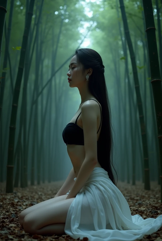 Bamboo Forest/, ((masterpiece, highest quality, Highest image quality, High resolution, photorealistic, Raw photo, 8K, Extremely detailed CG unified 8k wallpaper)), (huge stunning goddess shot, very hot and sexy, jaw-dropping beauty, perfect proportions, beautiful body, slim body beauty:1.4), silence of night, mysterious atmosphere, seen from below, kneeling on floor, showing left armpit, black bra white skirt, earrings , straight long hairs, full body