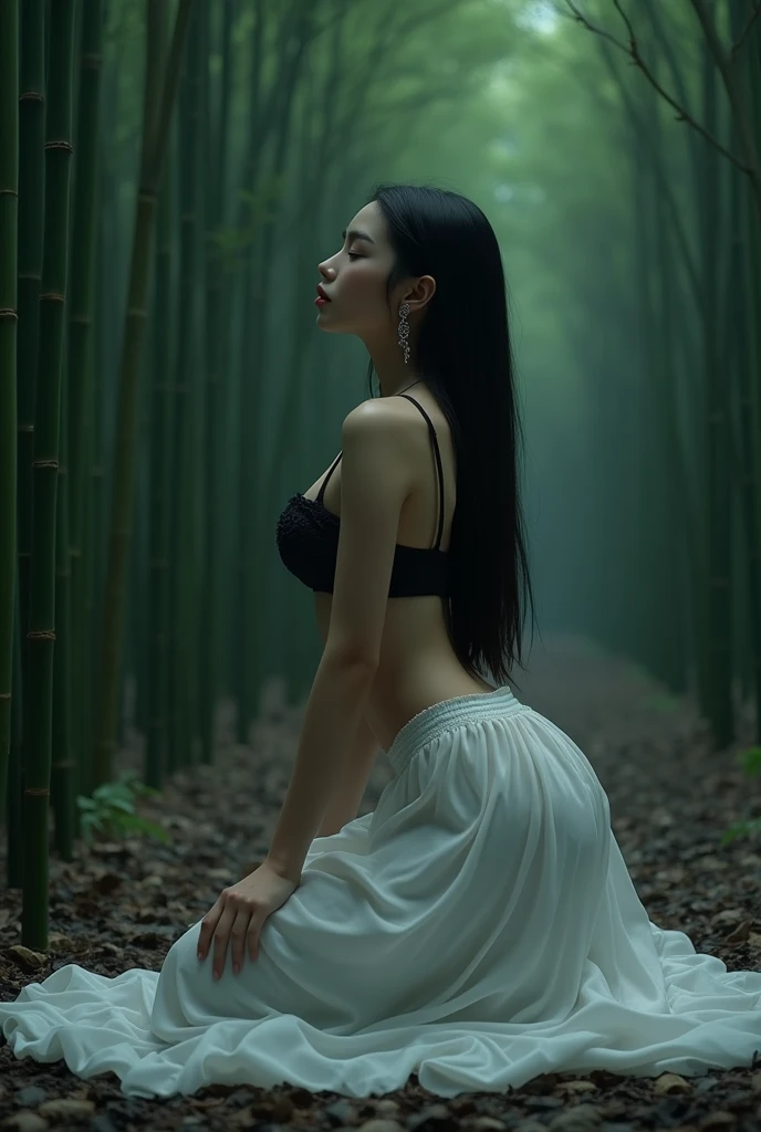 Bamboo Forest/, ((masterpiece, highest quality, Highest image quality, High resolution, photorealistic, Raw photo, 8K, Extremely detailed CG unified 8k wallpaper)), (huge stunning goddess shot, very hot and sexy, jaw-dropping beauty, perfect proportions, beautiful body, slim body beauty:1.4), silence of night, mysterious atmosphere, seen from below, kneeling on floor, showing left armpit, black bra white skirt, earrings , straight long hairs, full body 