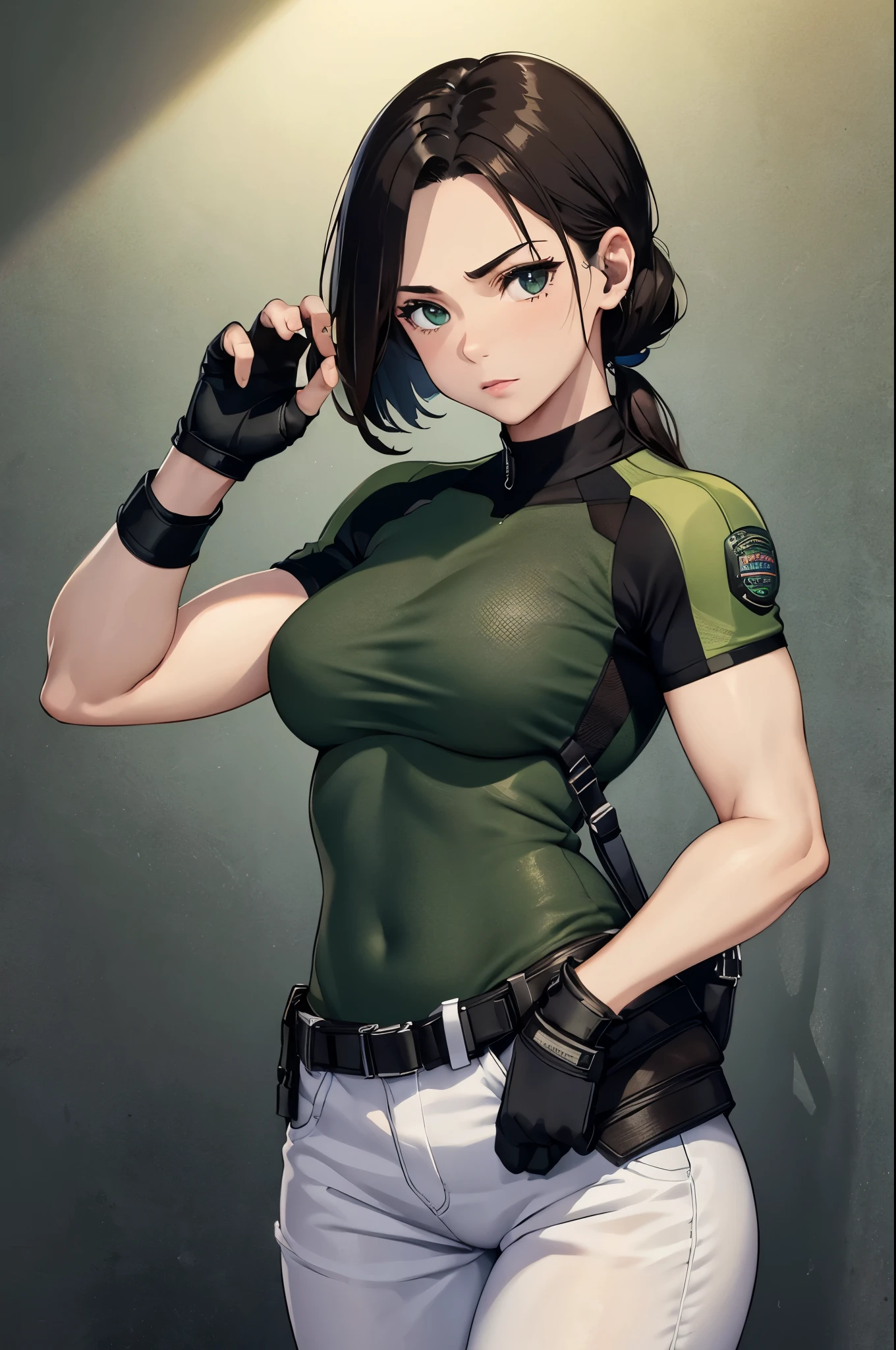 masterpiece, best quality:1.2), expressive eyes, perfect face, highres, 1 girl, solo, (female:1.5), chris redfield, green taut shirt, white pants, fingerless gloves, belt, hands to hip, standing, portrait, looking at the viewer,