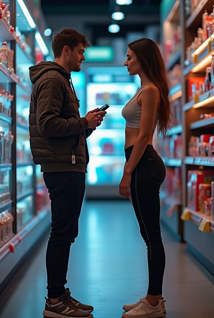 boy  shopping with sexy woman wearing tight leggings with perk ass in toy shop, the boy asked the sexy woman for a toy by hypnotizing the woman, the boy controls the woman with a remote control in his hand, the woman's eyes glowed blue because they were controlled by the boy, the woman was fast asleep while standing