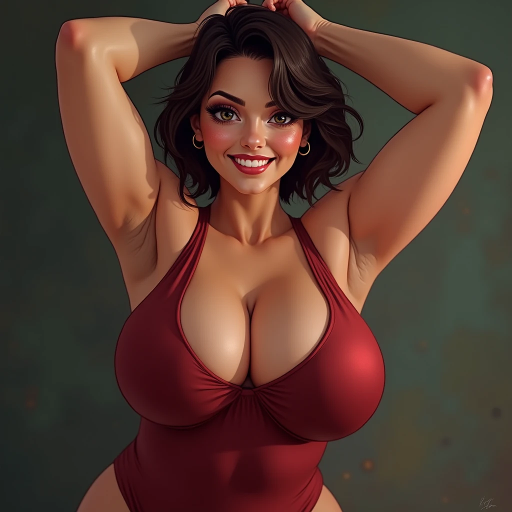 ((masterpiece)), ((best quality)), (detailed), perfect, solo, pauline, gorgeous woman with red bikini, luscious lips, long hair, huge breast, deep cleavage, huge breasts, sexy, Pauline like a busty pornstar, ready for a paizuri, paizuri specialist, paizuri busty pornstar