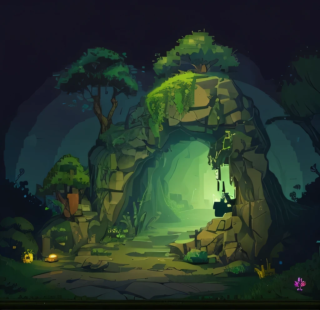 Only the entrance to the cave is dark.,Mysterious, Daytime,Lots of rocks in the background,moss,wood,pixelart style