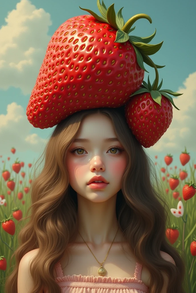 long haired beautiful girl with big strawberry on her head