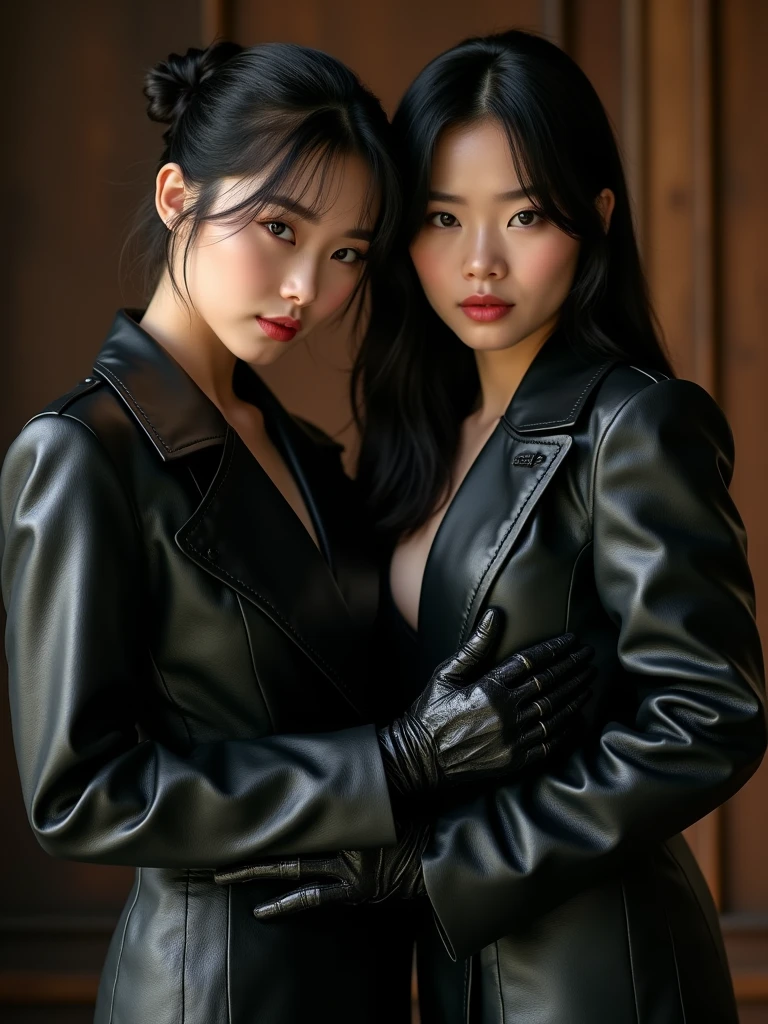 ```Masterpiece portrait photo of 1990s amateur, two Korean female actresses with futanari wearing ultra real black leather double trench long coat with 8K ultra real black leather long opera gloves handjob mass (ejaculation:1.5)```