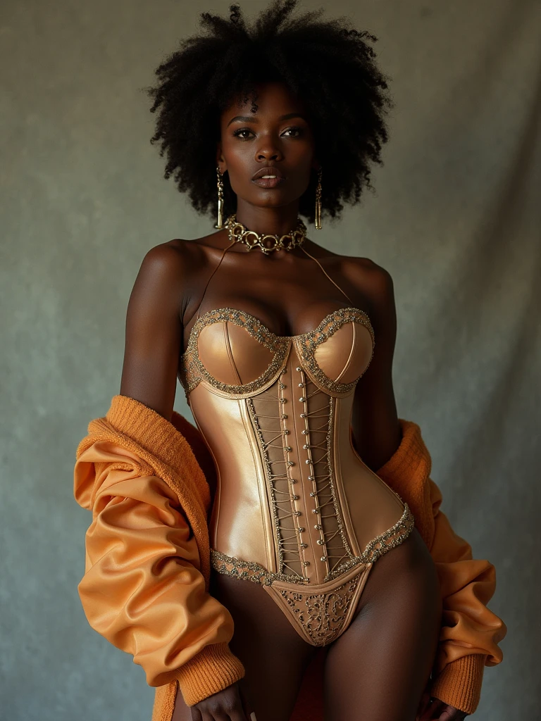 DynastySeries: sweater couture, corset and cooker with matching color, zero degree flat stomach, large butt, thin waist, dark skin, a cup chest, Definition: (highres, sharp focus, 8k uhd, ultra photo-realistic resolution), Film: (80 mm, shot on portra 120, shot on Fujifilm)