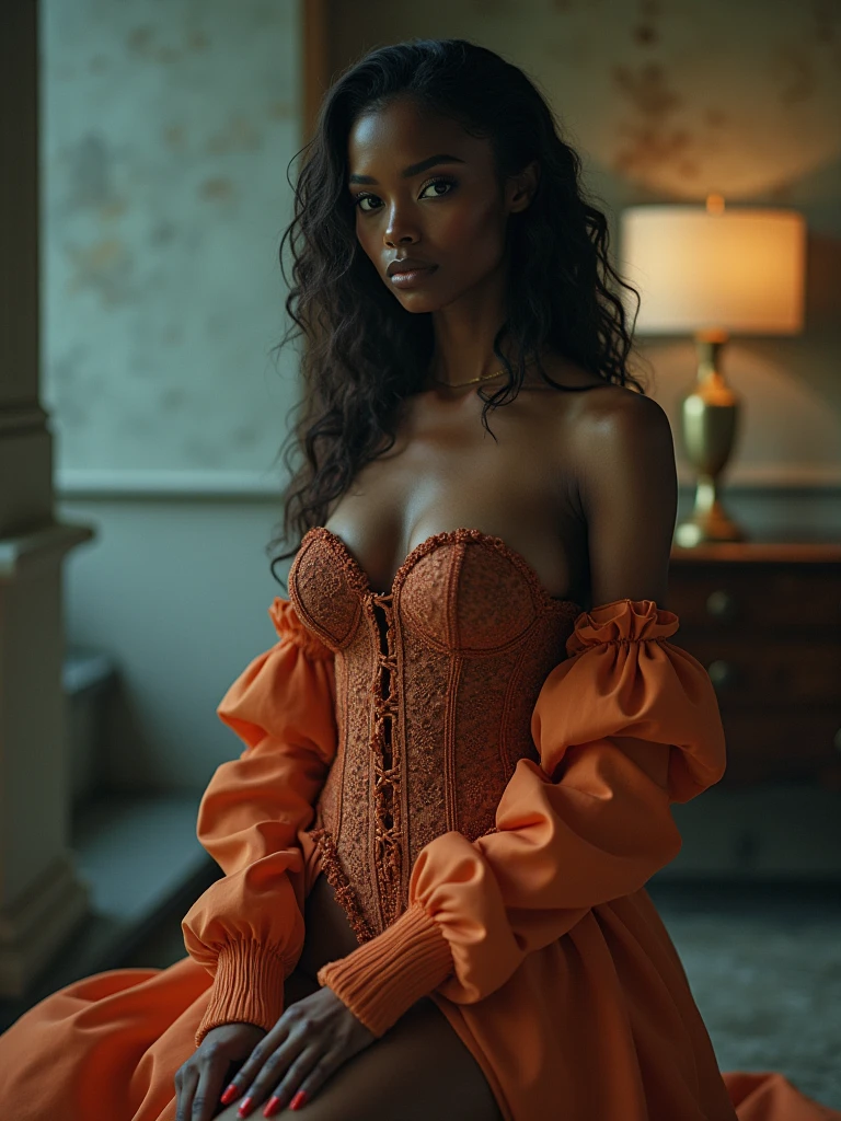 DynastySeries: sweater couture, corset and cooker with matching color, zero degree flat stomach, large butt, thin waist, dark skin, a cup chest, Definition: (highres, sharp focus, 8k uhd, ultra photo-realistic resolution), Film: (80 mm, shot on portra 120, shot on Fujifilm)