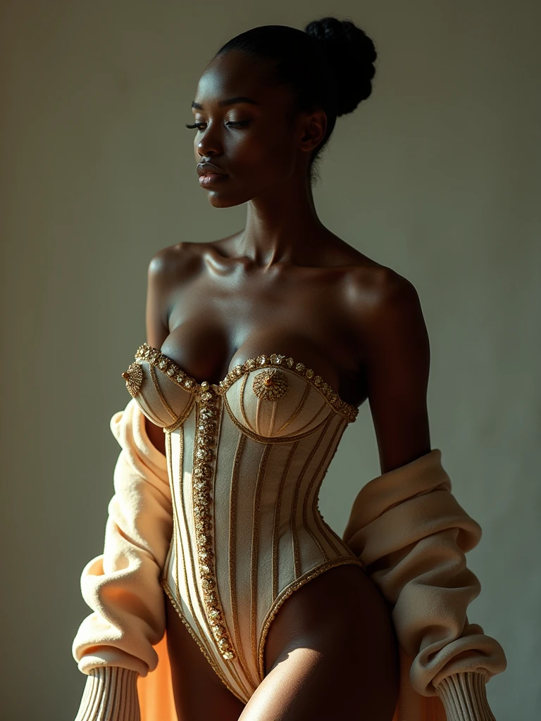 DynastySeries: sweater couture, corset and cooker with matching color, zero degree flat stomach, large butt, thin waist, dark skin, a cup chest, Definition: (highres, sharp focus, 8k uhd, ultra photo-realistic resolution), Film: (80 mm, shot on portra 120, shot on Fujifilm)