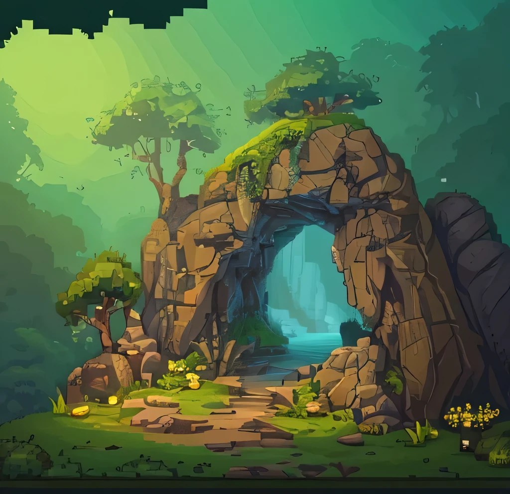 Cave entrance,Mysterious, Daytime,Lots of rocks in the background,moss,wood,pixelart style