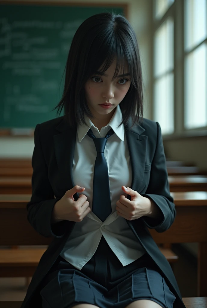 in school uniform sitting on a bench in a classroom and opening breast