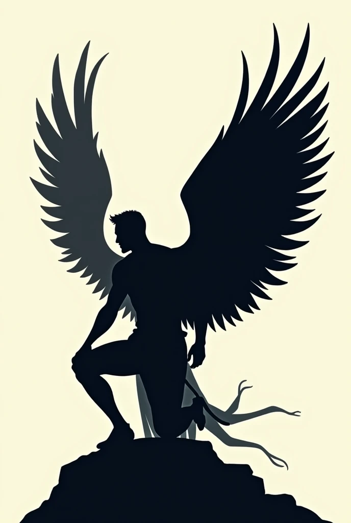 Silhouette of a man with one knee on the ground with half black and white with wings in 2d