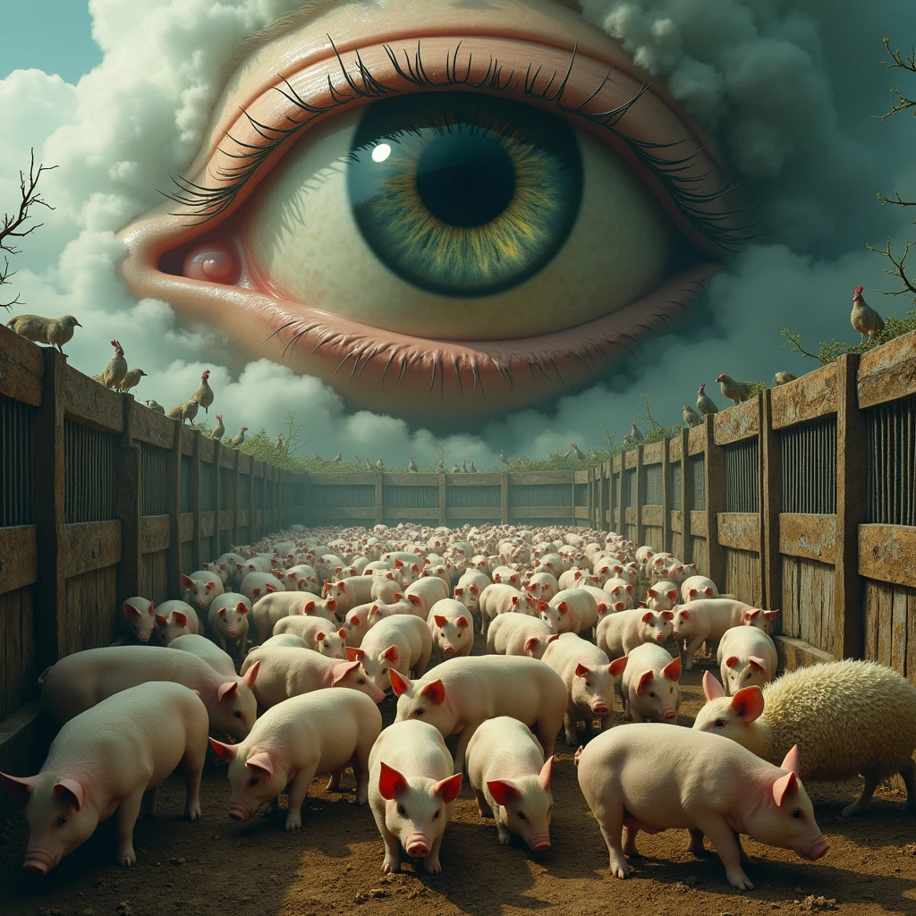 A dark and allegorical scene inspired by George Orwell's "Animal Farm." In the foreground, a group of farm animals—pigs, horses, sheep, and chickens—stand together in a dilapidated barnyard, their expressions a mix of fear, confusion, and defiance. At the center of the group, a pig dressed in human clothing, complete with a suit and hat, stands on two legs, holding a whip and looking down at the other animals with a sinister, authoritative gaze. The once idyllic farm is now bleak and oppressive, with broken fences, wilted crops, and a gloomy sky overhead. The windmill in the background is half-constructed, symbolizing false promises and the decay of the farm's original ideals. The entire scene is shrouded in an atmosphere of tyranny and betrayal, capturing the essence of power, corruption, and the loss of freedom.. [(Suspended in the air between scene and the viewer, a translucent, almost ghostly black message reads exactly: "ANIMAL FARM". The text appears as if it's floating, blurred at the edges, with the letters formed from a faint mist or white smoke that lingers in the space. The smoky words are readable, though not overly bright, hovering just in front of his gaze, creating a surreal yet powerful effect. Text exactly says: "ANIMAL FARM". They seem to be written in chalk. The text says: "ANIMAL FARM". semi-transparent text that reads 'ANIMAL FARM' in a dramatic, bold font. The text almost acts as a title, floating in the air, partially obscuring the scene but enhancing the overall tension and urgency of the moment)].