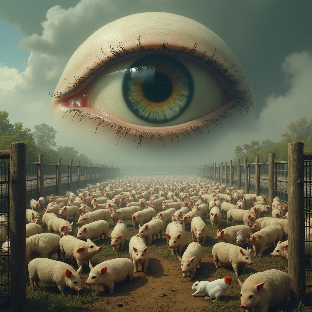 A massive, all-seeing eye looms high above, gazing intently down at a vast enclosure filled with a diverse group of animals. Below, the enclosed space is crowded with pigs, sheep, chickens, and rabbits, all huddled together within the confines of the immense, fenced-in area. The animals appear restless and uneasy, their movements restricted as they roam within the boundaries of the enclosure. The eye, almost otherworldly in its presence, casts a watchful, omnipotent gaze, creating a sense of surveillance and control over the scene. The contrast between the natural innocence of the animals and the eerie, authoritative eye above adds a layer of tension and discomfort to the image, suggesting themes of power, control, and vulnerability.