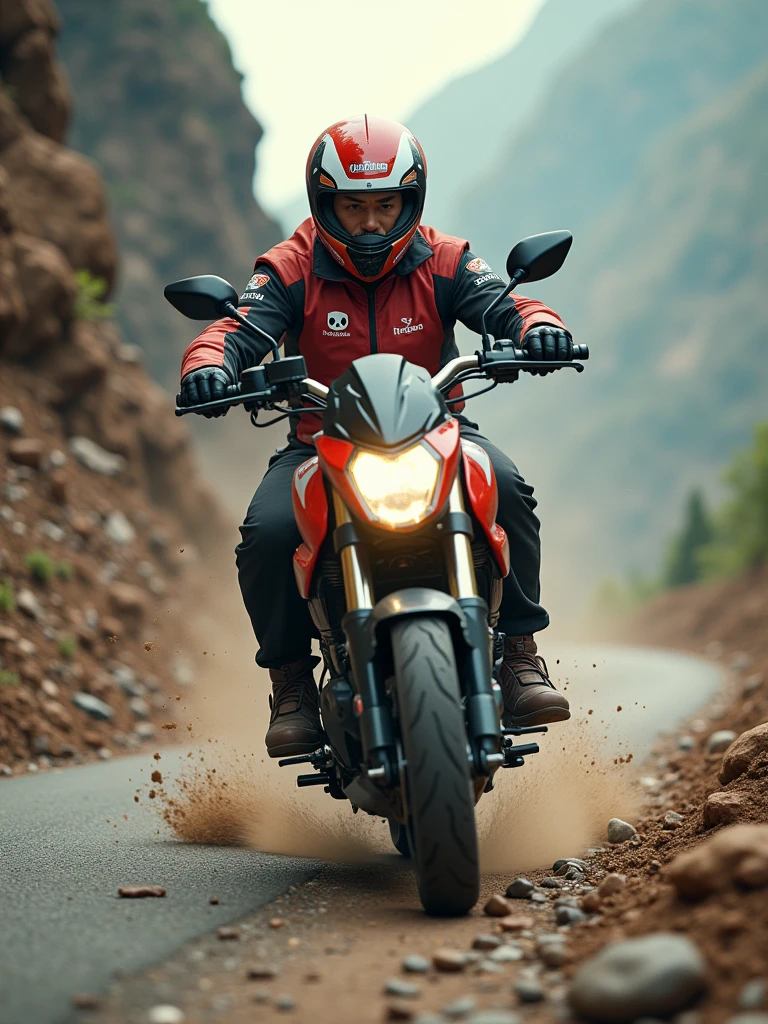"A man in a Foodpanda uniform desperately accelerates his Foodpanda delivery motorcycle to escape a sudden landslide on a mountain road. Rocks and debris tumble down the slope behind him, the Foodpanda logo clearly visible as he races against the odds.