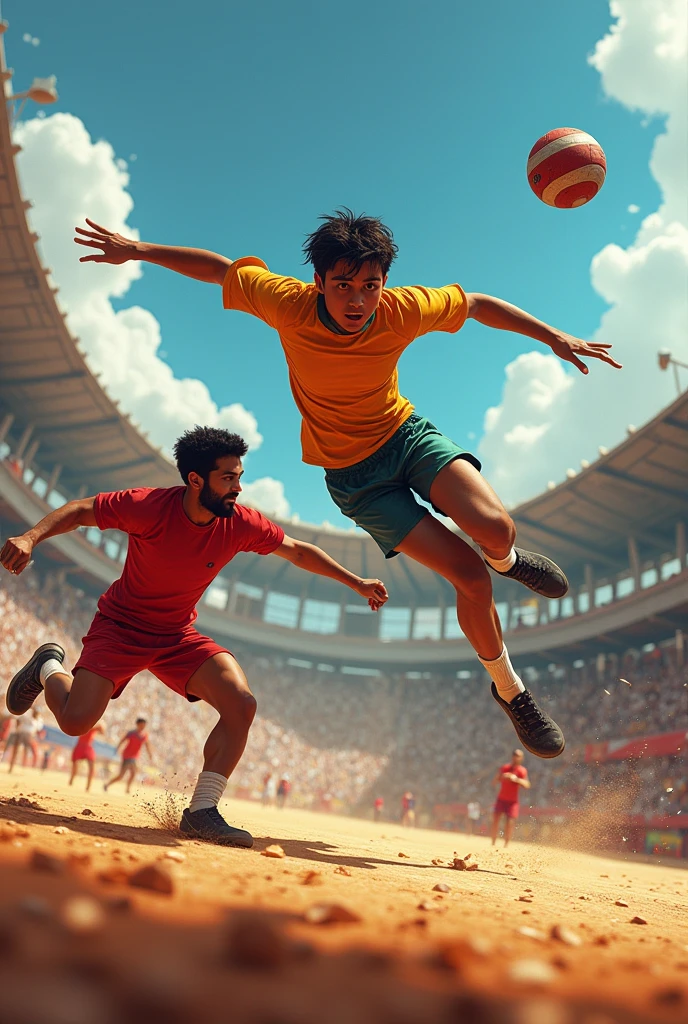 s Playing kabaddi sport and raider jumping over player