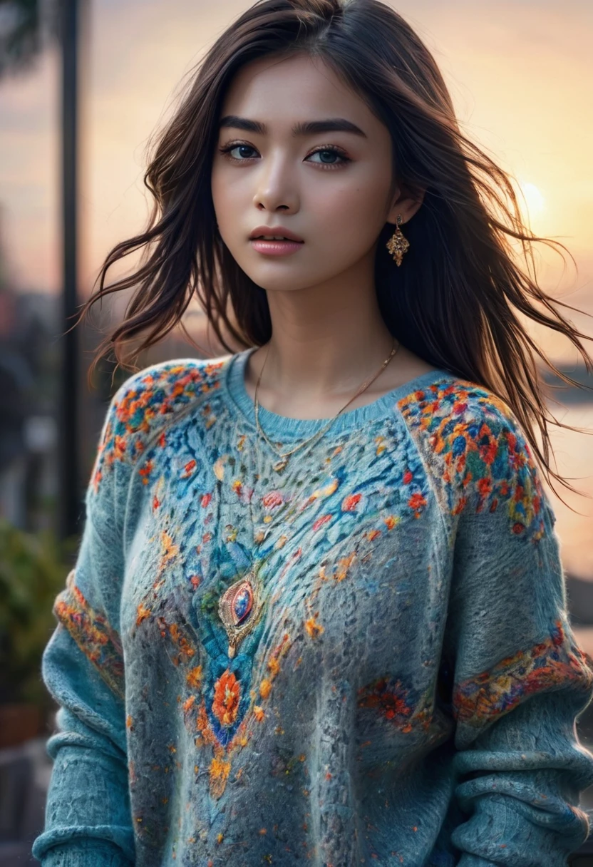 (best quality,4k,8k,highres,masterpiece:1.2),ultra-detailed,(realistic,photorealistic,photo-realistic:1.37),vibrant colors,dramatic lighting,award winning digital art a full body portrait of a beautiful girl, detailed intricate, serene expression, wearing sweater, detailed clothing folds, detailed jewelry, detailed background