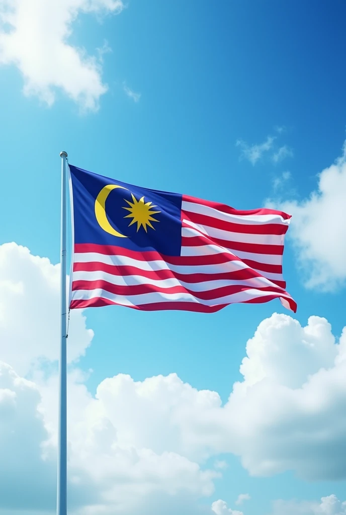Malaysia flag waving in the sky: far away: top position in the photo: clouds