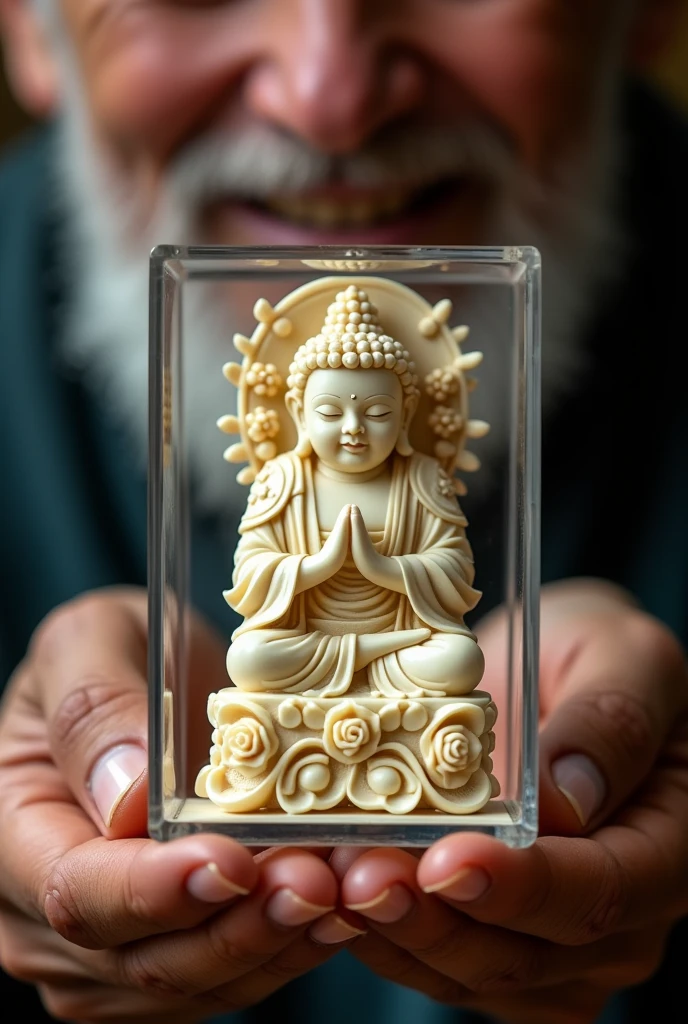 mini buddha statue size about 1 centimeter, very slender adult Buddha statue, made of ivory, very elaborate and beautiful, beautiful ornament\(flowers, lotus, areola, etc.\) sculpted, fearless face, covered with transparent box and turned into pendant, poor skinny old man from Thailand holding it by 1 finger very carefully and showing it very happily, focus on the Buddha statue, close up photo of Buddha statue,beautiful lighting, 