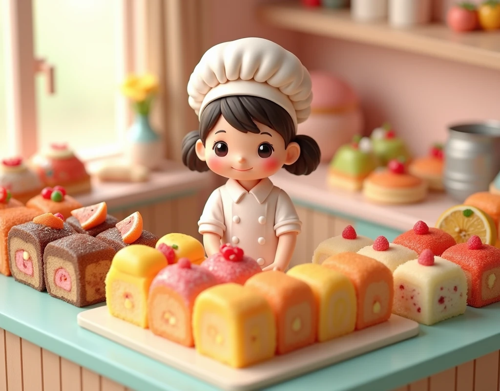 (masterpiece:1.2, Highest quality,Ultra-high resolution,Super detailed),8k,(wallpaper),(Photorealistic:2.0),(RAW Photos:2.0),(Plastic Models:2.0),(Cute female Pastry chef chibi character working at a cake shop:2.0),(Cake shopには様々Roll cakes made with various fruits are arranged in a square shape.,Cake shop,Pastry chef,Very simple design),(Isometric 3D diorama:2.0),Matte Paint
