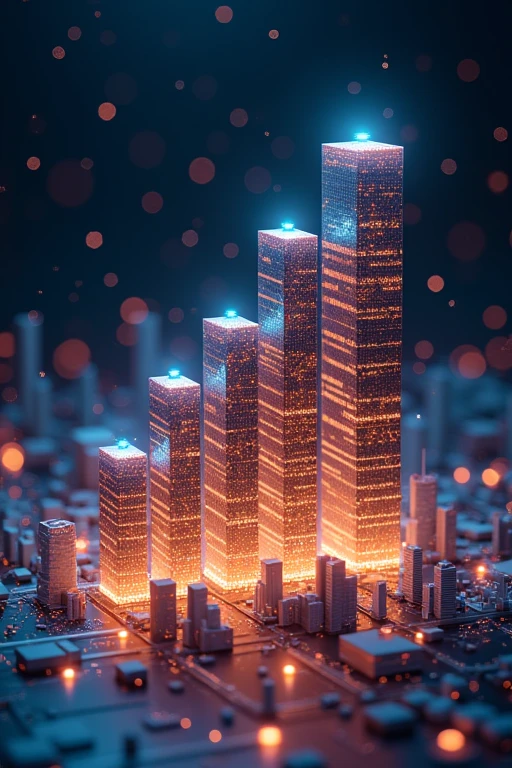 A rising bar graph showing Trump's NFT sales, with each bar resembling a Trump Tower, cryptocurrency symbols floating around, digital art style