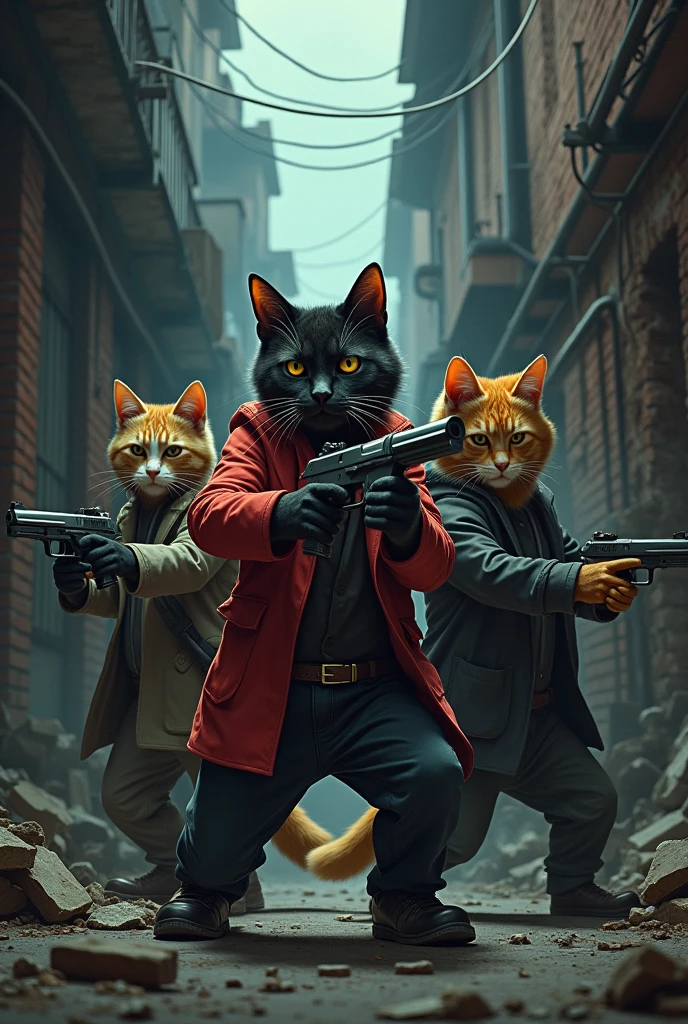 5 different cats with cool poses and guns in a dark alley