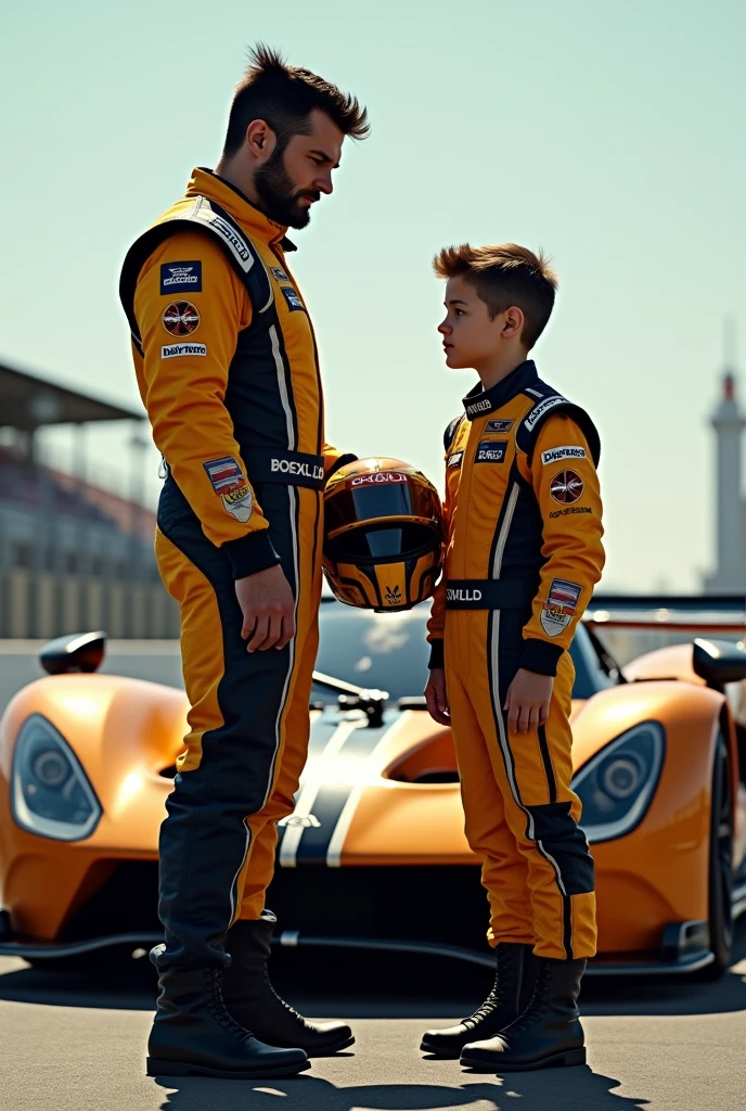 Wolverine as a racing car driver next to his car with a driver costume and helmet in hand and near to his son as a racing car driver next to his car with a driver costume and helmet.