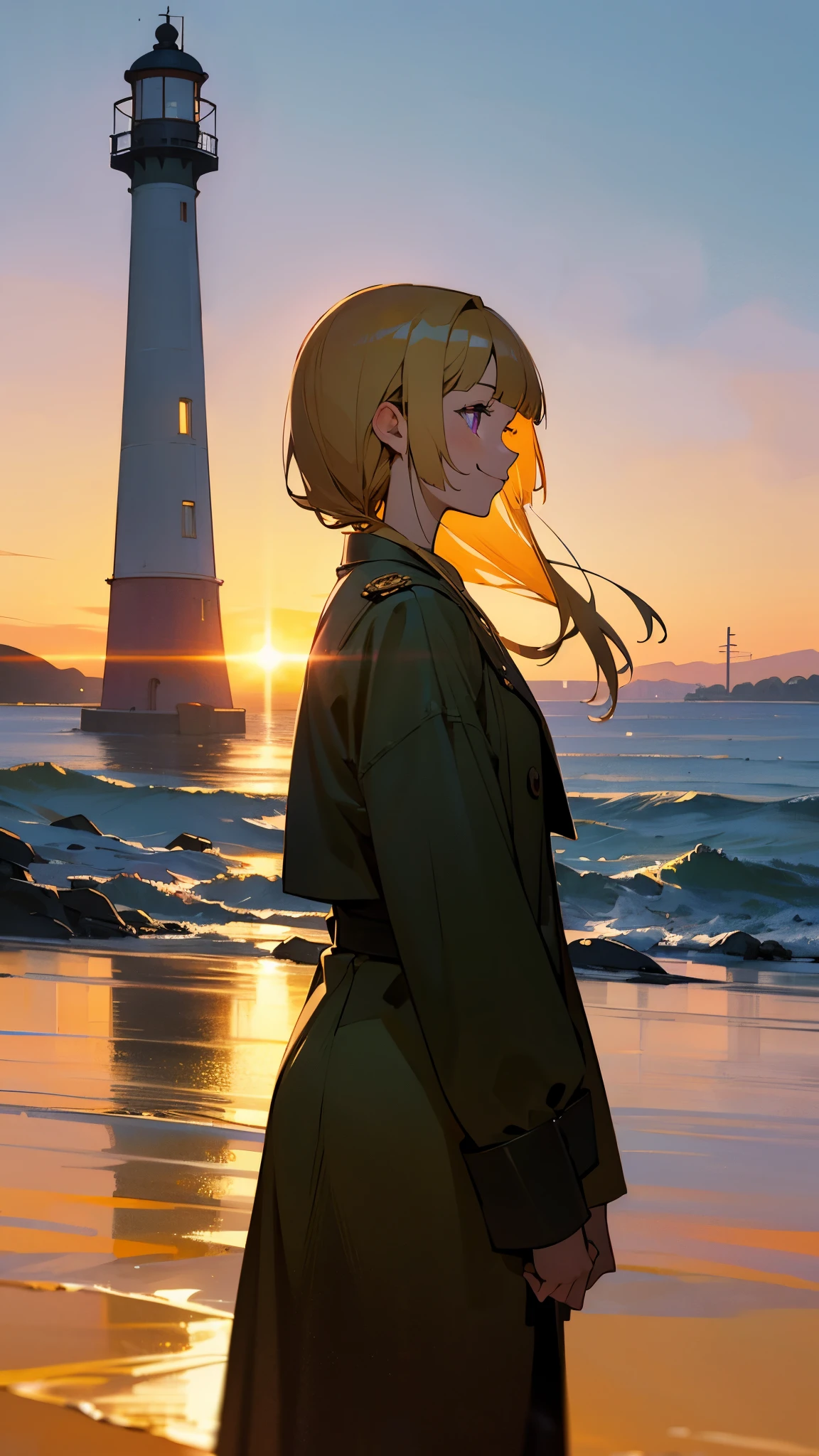 1 girl、alone、impression、(Oil)、Green and orange tones、blonde、Blunt bangs、Straight hair、Purple eyes、one piece、Long sleeve、profile、smile、Cowboy Shot、Golden hour sky、Near the lighthouse