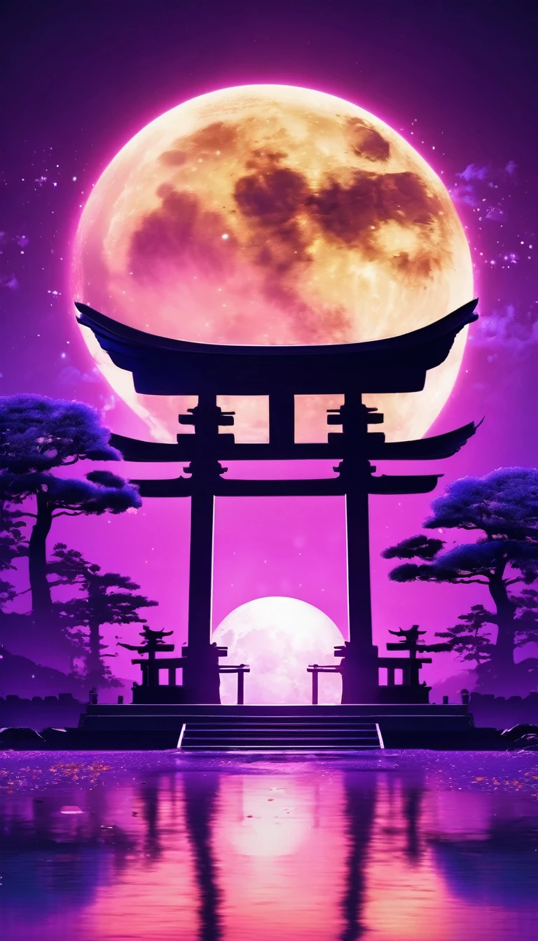 Shrine torii gate、in the center,Very bright color, Particles of light, The light shines, disaster, Wallpaper Art, UHD wallpaper、Purple background、mysterious、Impersonal、full moon