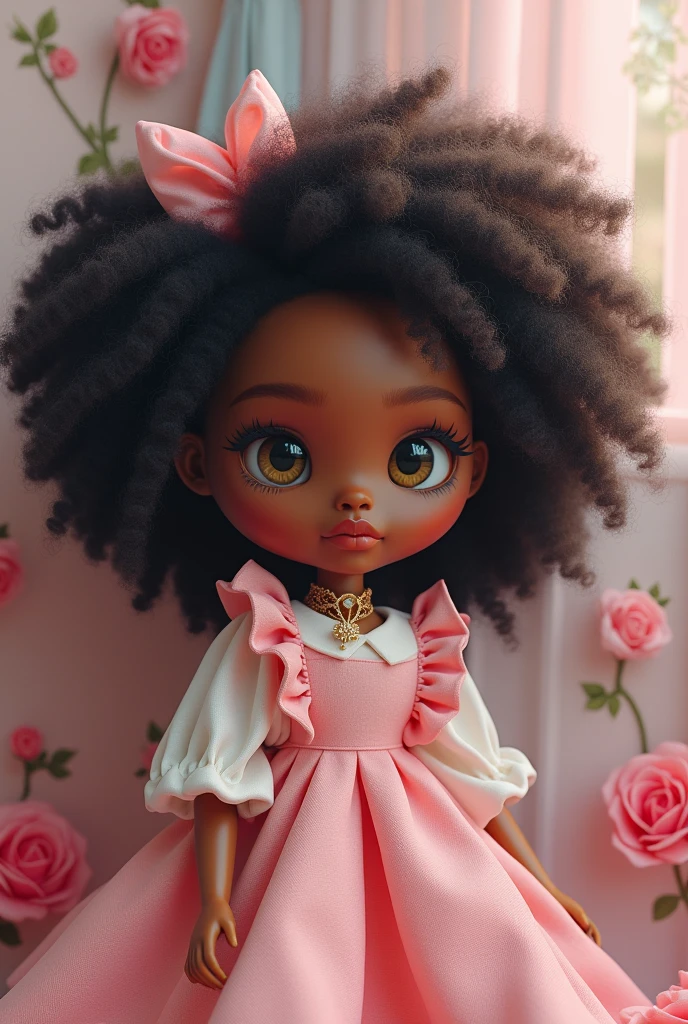 You create a Blythe Doll with a serene face, medium-light and slightly dark black skin, super super super short black curly hair, black eyes and slightly pink cheeks