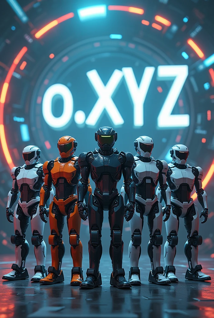 Create an image featuring a diverse group of futuristic AI robots standing together, showcasing a variety of designs, colors, and features, all indicative of advanced technology. The robots should be positioned dynamically, some facing forward while others are turned slightly, exuding a sense of unity and collaboration. Prominently displayed among them are the letters "O.XYZ" in a sleek, modern font, possibly illuminated or stylized with neon accents. The background should be expansive and visually striking, filled with the words "Open AI" and "Super AI" in bold, futuristic typography, creating a high-tech atmosphere that enhances the overall theme of advanced artificial intelligence. The scene should convey a sense of innovation and progress.