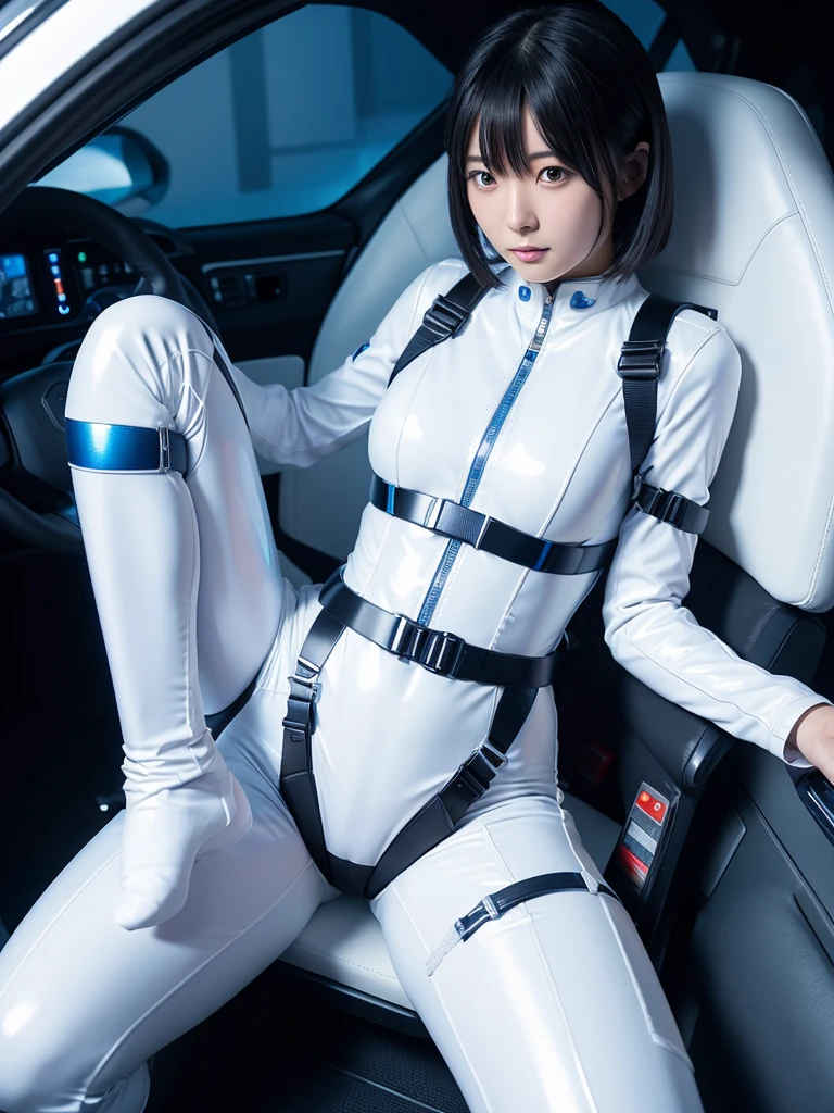 Japanese female android,White and blue shiny robot suit,Wide-legged squats,Black Hair,Space capsule,I was completely strapped to my seat in the cockpit with a thick harness and couldn't move.,