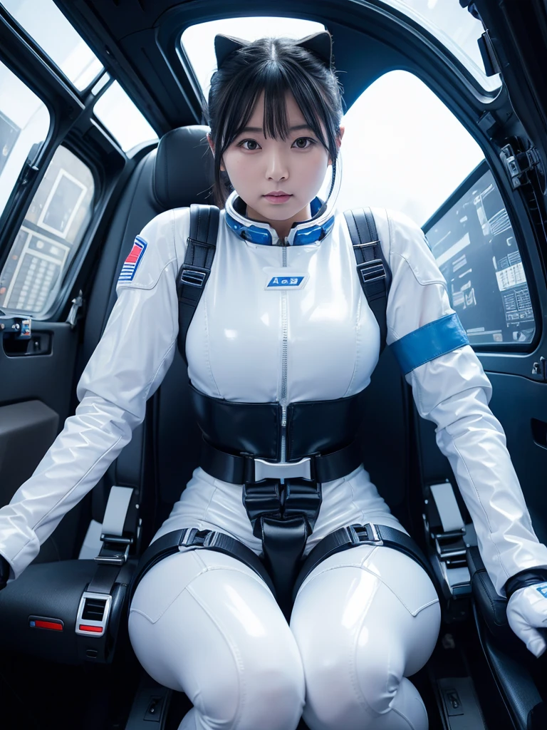 Japanese female android,White and blue shiny robot suit,Wide-legged squats,Black Hair,Space capsule,I was completely strapped to my seat in the cockpit with a thick harness and couldn't move.,