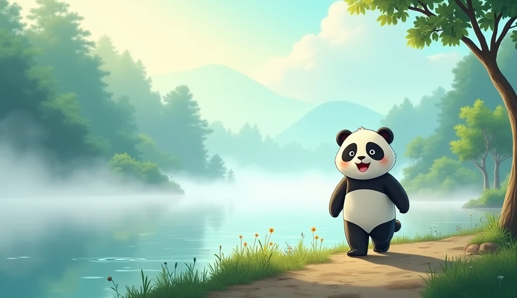 Illustrate a misty morning in an animated cartoon style. The river should have a soft, whimsical fog hovering above it. Show Pandu, a panda with a cheerful expression, walking towards the river. Use bright, cheerful colors and a light, playful tone to emphasize the cartoonish style