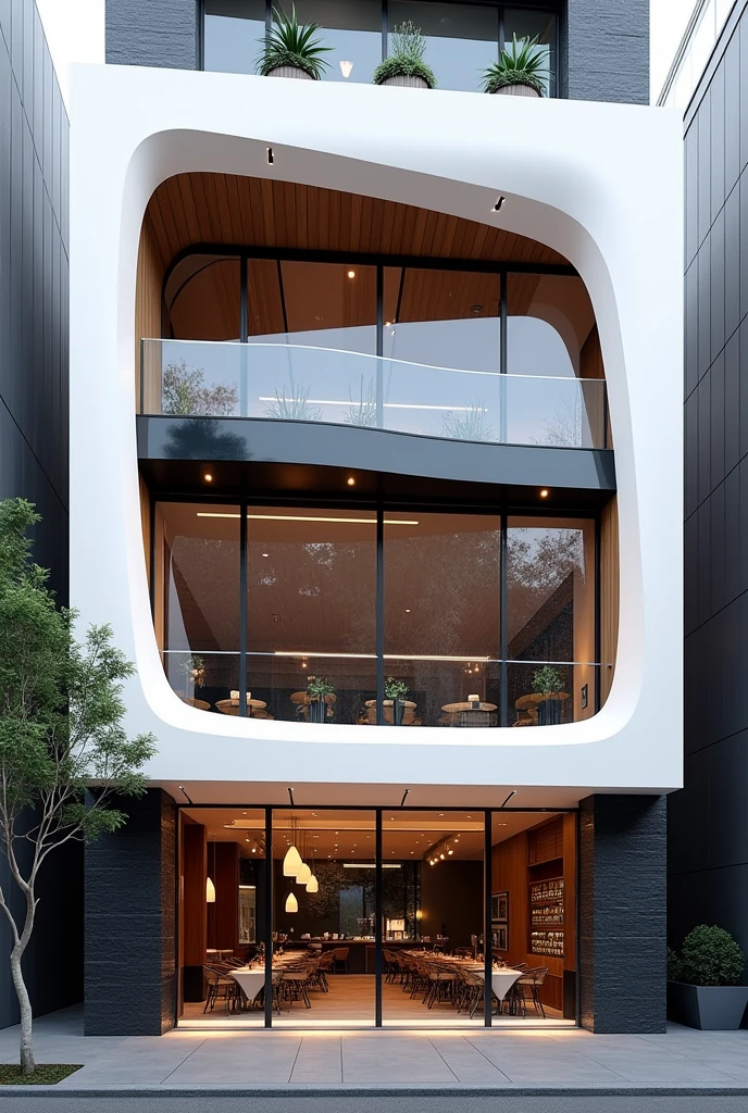 Restuarant facade architecture , a view of parametric 4th floors resturant facade with larg window , main material by glossy white wall and black stone and wood, RAW photo, real, best quality, masterpiece:1.2), look morden parametric , shime ring light, light brighteness from indoor:1.2, dynamic lighting: 1.3, (hyper realistic, photo-realistic:1.2), high quality, day lighht, hight contrast :0.5 perfect lighting, archdaily, award winning parametric, masterpiece, well-designed masterpiece,