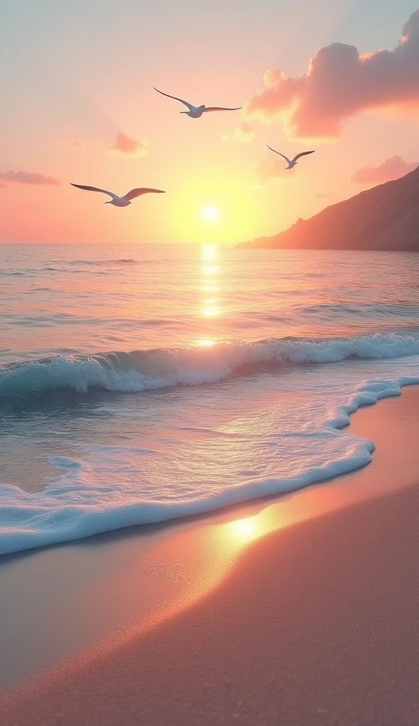 Ocean Serenity: A tranquil ocean scene with gentle waves lapping at a sandy shore, a soft sunset casting warm hues of orange and pink across the water, and seagulls gliding overhead.