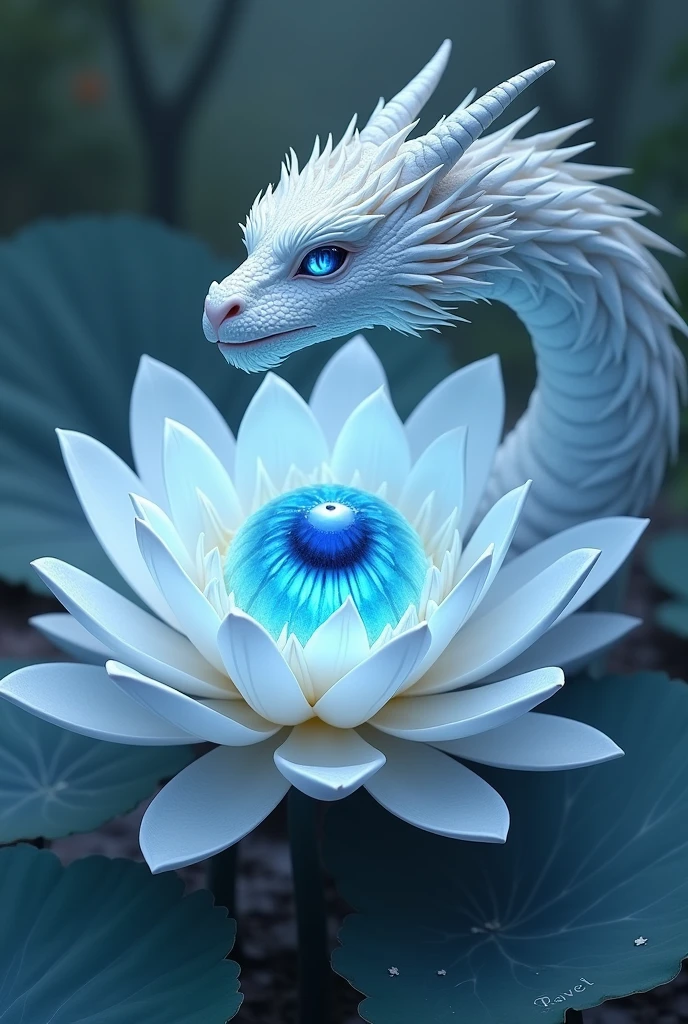 Make a white and blue lotus flower with petals that open and close in an infinite cycle with a realistic blue eye in the center and somehow put the name Pavel on a dragon to complement the flower  