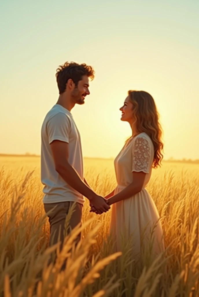 Prompt 1: A young man stands in a golden field of tall grass, under a clear blue sky. He gently takes the hand of a woman standing before him, his eyes filled with deep affection and a promise of commitment. She looks back at him with a loving smile, as if silently agreeing to be his. The sunlight bathes them in a golden glow, symbolizing their bond.