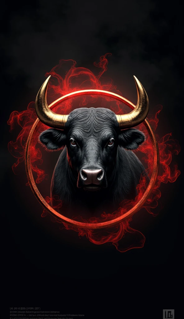 A logo of a black, sturdy bull's head with very sharp horns made of gold in a white gold circle with a red background smoke Very realistic