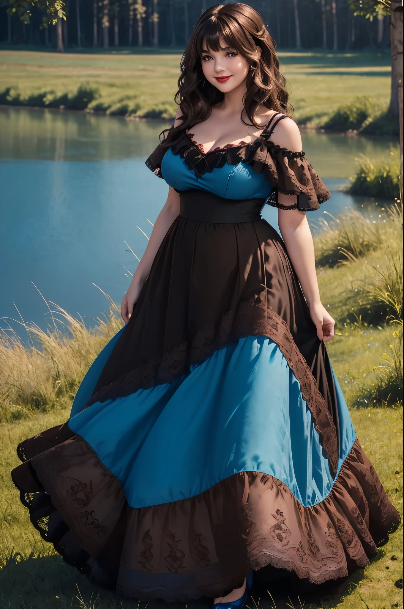 DisneyAurora, full body view Beautiful woman (((shoulder length wavy light brown hair, two side up with bangs))) defined body, voluptuous, sexy, cherry red lipstick, arms by her sides, hands free, happily smiling, standing facing camera ((( pale blue dress, long skirt with black lace trim ))), in moonlit grassy field at night, (large_breasts:1.4) (curvy:1.3)