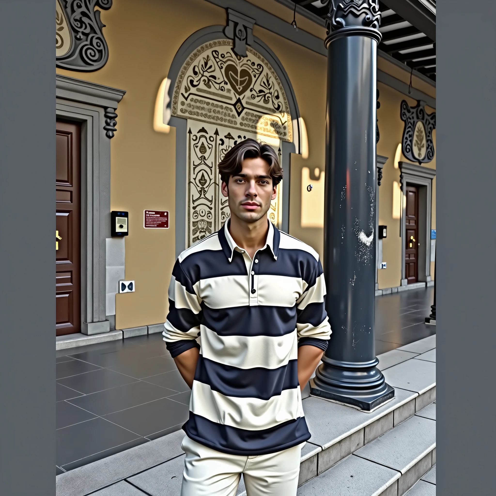 A mature, successful businessman, a modern reincarnation of Constantine the Great, a serious and attractive young man with a kind and earnest expression, a calm and composed demeanor, capable of being resolute when necessary, bright and piercing lion-like eyes, ((deep golden eyes)), in the scenic landscape of Venice at dawn.
