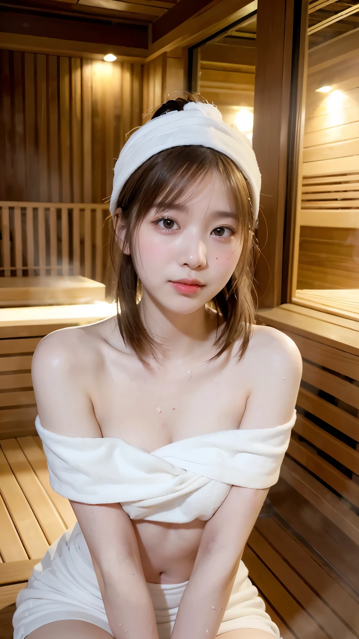 1Girl, Solo, (Masterpiece, Best Quality, 8K,,Photorealistic, real girl, mulberry:1.37), looking up at viewer, 1 dainty Japan, Slender body type: 1.1, Small breasts, Sitting, sauna, Double eyelids, Droopy Eyes, A dark-haired, (Sweaty face, Sweaty body: 1.2): 0.2, (White Oversized Towel Dress, strapless), (small in size, White Towel Turban: 1.1),, realistic body, makeups, Gloss slip, focus on face, smaller face, Sharp focus, Layered Cut, facing the viewer, The sauna has the following.., shot from the front