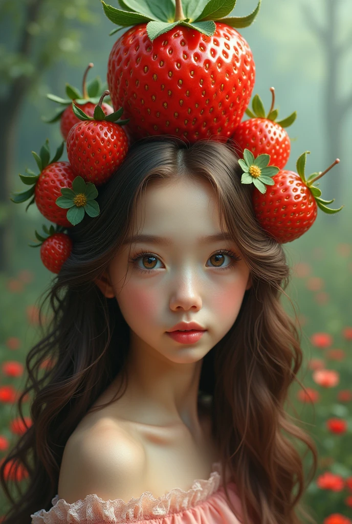 long haired beautiful girl with big strawberry on her head