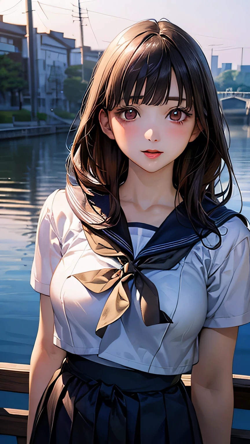 (masterpiece:1.2, Highest quality), (Realistic, photoRealistic:1.4), Beautiful illustrations, (Natural Side Lighting, Cinema Lighting), View your audience, Cowboy Shot, Front view:0.6, 1 person, Japanese, Junior high school girl, , Perfect Face, cute and symmetrical face, Glowing Skin, (Upper Body), (Long Hair, Bobcut, Black Hair), Blunt bangs, Dark brown eyes, Long eyelashes, Beautiful Hair, Beautiful Face, Beautiful attention to detail, Beautiful clavicle, Beautiful body, Beautiful thighs, Beautiful legs, Beautiful fingers, ((Japanese Sailor Suit、Japanese Sailor Skirt)), (Beautiful views), evening, River side, Are standing, (cute, cute smile, Upward glance, Mouth open),((Large Breasts))