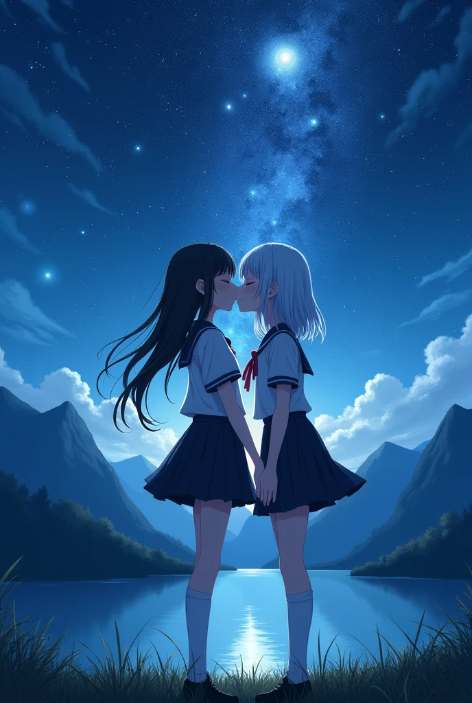 (Masterpiece)、Highest quality、High resolution、high resolution、Two beautiful girls、One of them is a slim girl with black twin-tails and bangs.、The second person is a slender girl with medium-long white hair.、lily、(kiss)、uniform、Close ~ eyes、The person is on the hill、The background is a lake surrounded by mountains and a starry sky、White knee-high、night、(Drawing people painstakingly)、Emphasizing light and dark、night