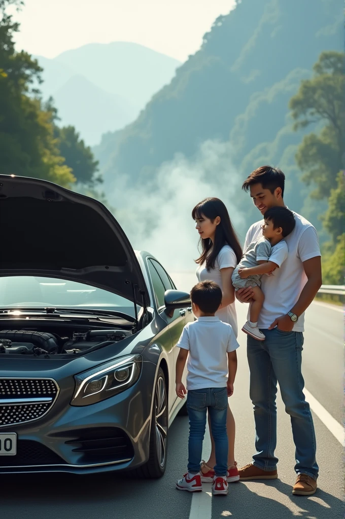 Photo of a family standing next to a luxury car on the side of the road. Smoking car. His family member is a handsome Thai man, a woman with black hair, and 3 children wearing white shirts aged 5 years, 7 years and 9 years. The man held the hood of the car open. The woman was carrying the child. The child's eyes widened in surprise.. The background contains trees and a mountain highway..